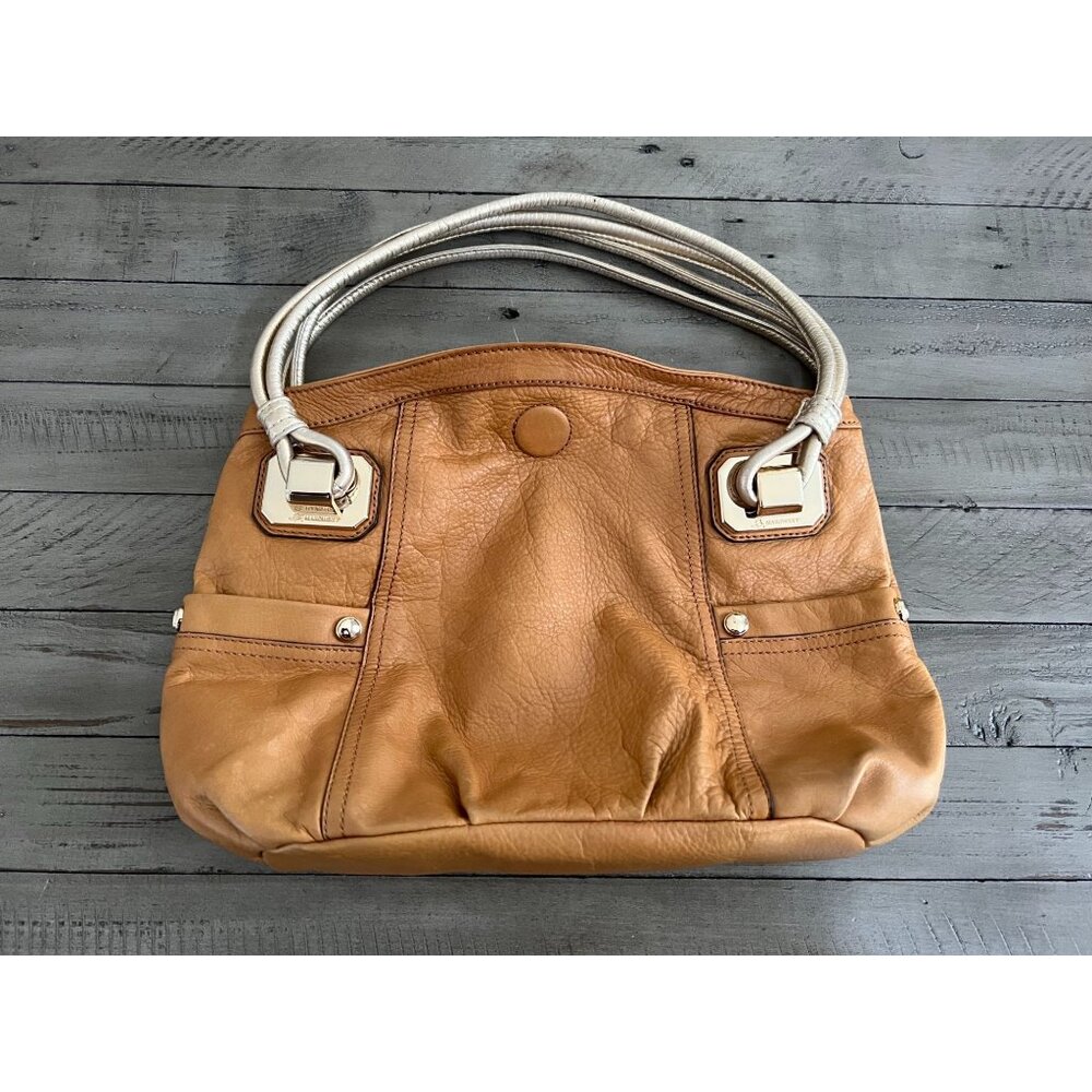 B Makowsky Brown Tan & Metallic Gold Leather Medium Shoulder Bag Purse